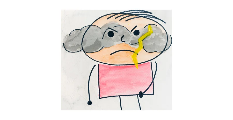 Little Guy with a dark storm cloud and lightning around his head